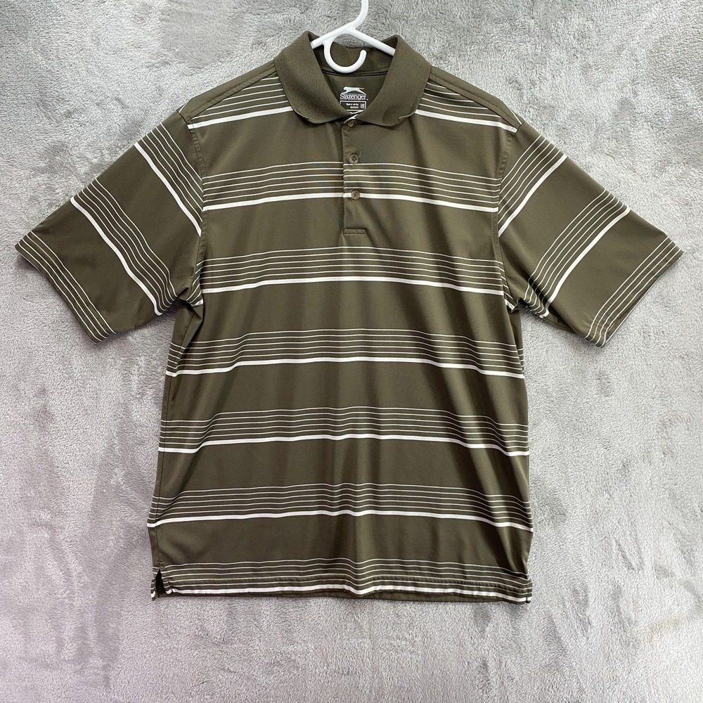 Slazenger Golf Polo Shirt Mens M Olive Brown Striped Performance Short Sleeve EU